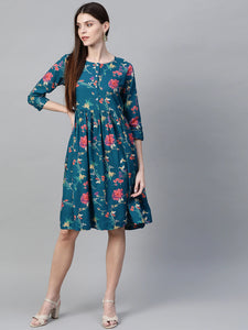 Queen ellie Women Teal Blue & Coral Pink Floral Print A-Line Dress