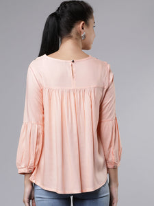 Queen ellie Women Peach-Coloured Embroidered A-Line Top