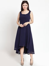 Load image into Gallery viewer, Queen ellie Women Navy Blue Solid High-Low Fit and Flare Dress
