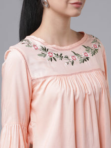 Queen ellie Women Peach-Coloured Embroidered A-Line Top
