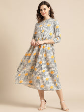 Load image into Gallery viewer, Queen ellie Women Beige &amp; Navy Blue Printed A-Line Dress

