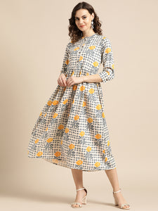 Queen ellie Women Beige & Navy Blue Printed A-Line Dress