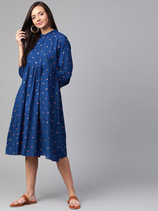 Queen ellie Women Navy Blue & Coral Pink Printed A-Line Dress