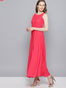 Queen ellie Women Coral Pink Solid Maxi Dress