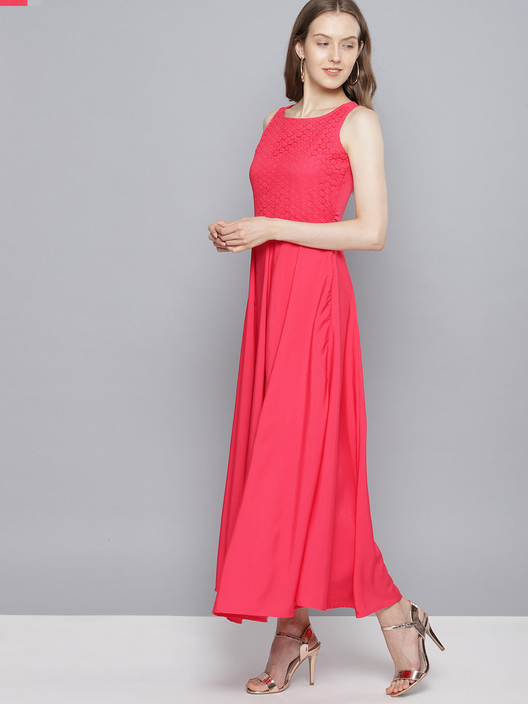 Queen ellie Women Coral Pink Solid Maxi Dress