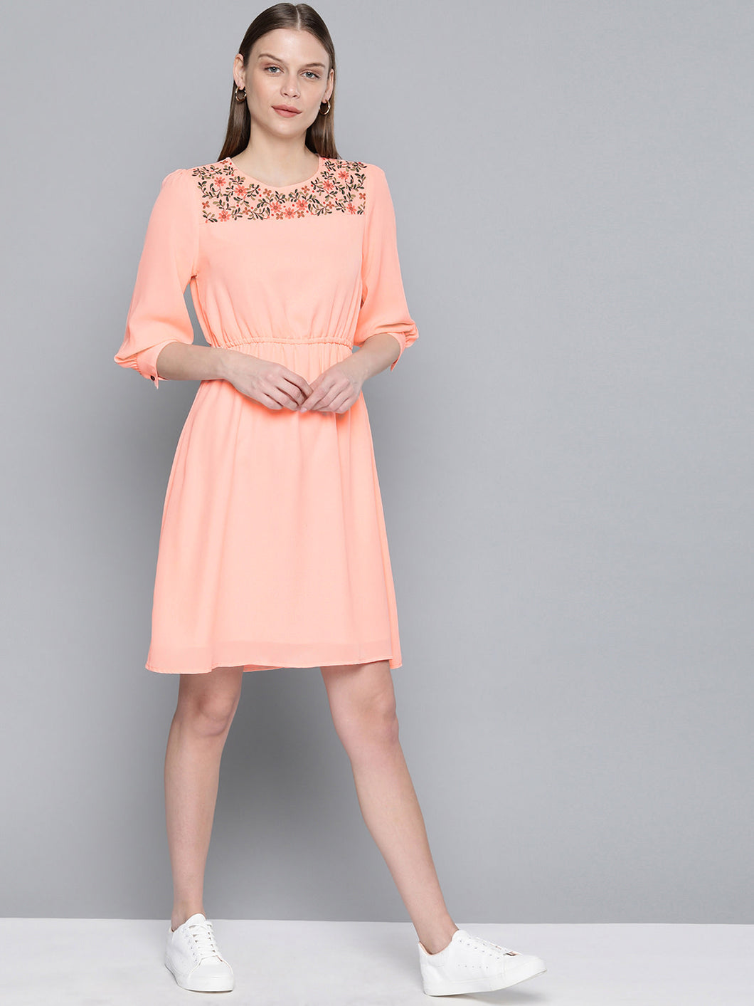 Queen ellie Women Embroidered Peach-Coloured Fit and Flare Dress