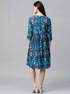 Queen ellie Women Teal Blue & Coral Pink Floral Print A-Line Dress