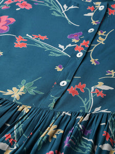 Queen ellie Women Teal Blue & Coral Pink Floral Print A-Line Dress