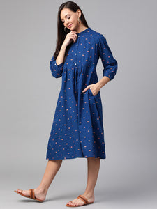 Queen ellie Women Navy Blue & Coral Pink Printed A-Line Dress