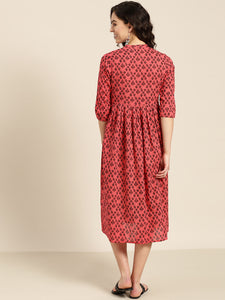 Queen ellie Women Coral Red & Black Printed Empire Dress