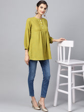 Load image into Gallery viewer, Queen Ellie Women Green Woven Design A-Line Kurti
