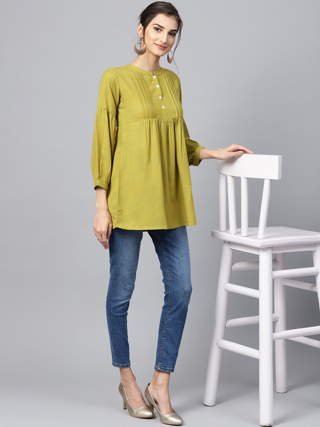 Queen Ellie Women Green Woven Design A-Line Kurti